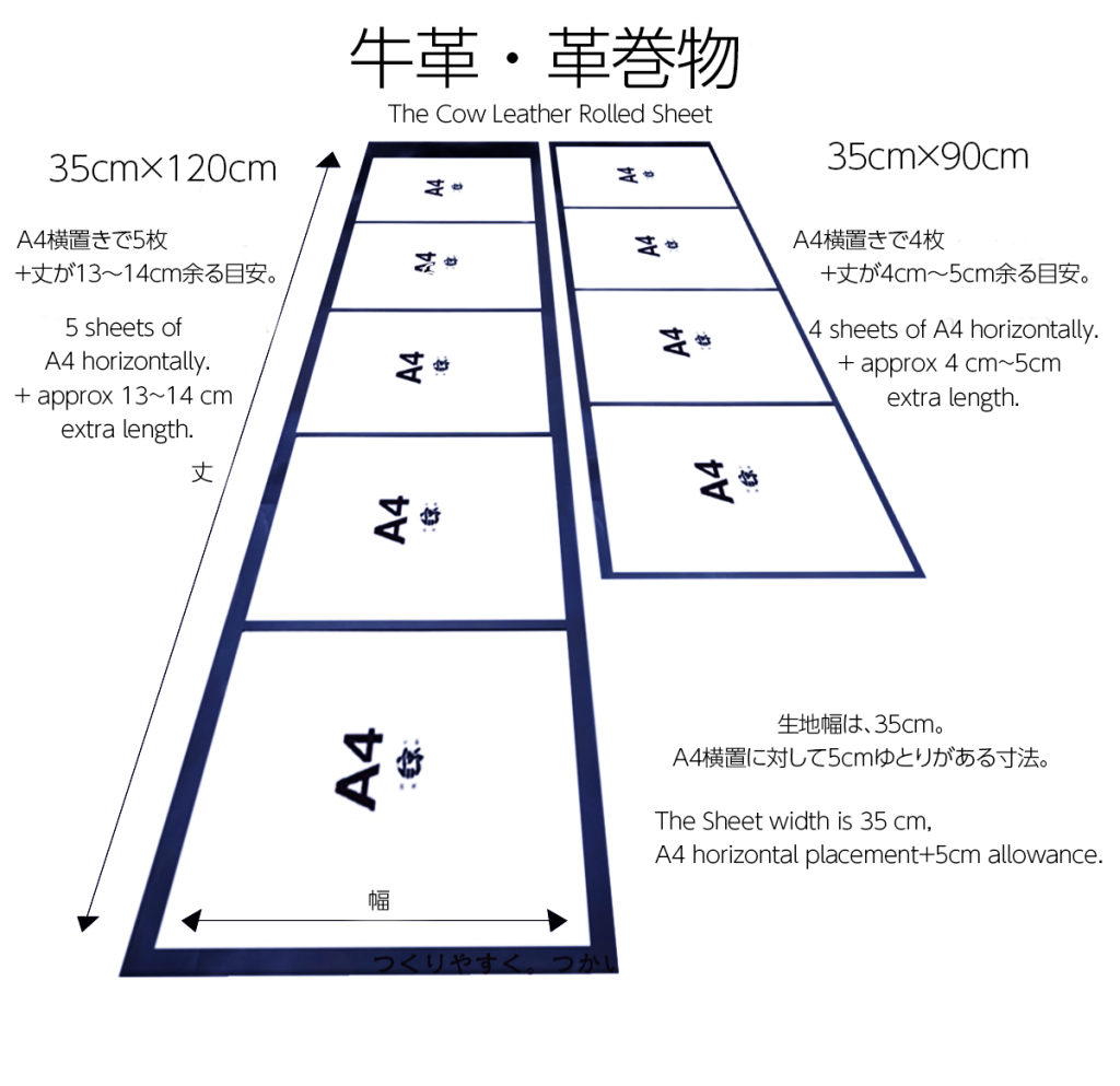 牛革革巻物サイズスペック
Cowhide leather Rolled Sheet size specifications