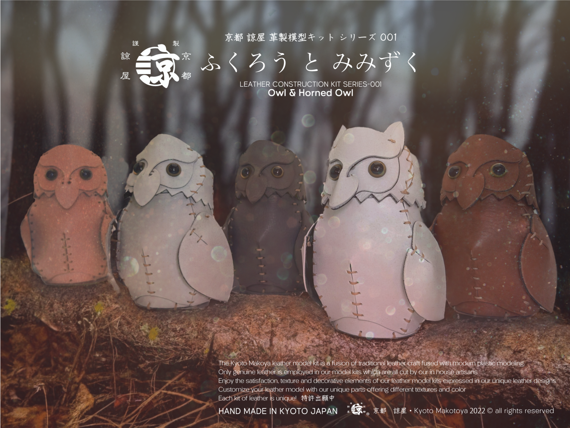 Leather model Kit "Owl and Horned Owl" Cover Photo.革模型キット「ふくろうとみみずく」の表紙画像。